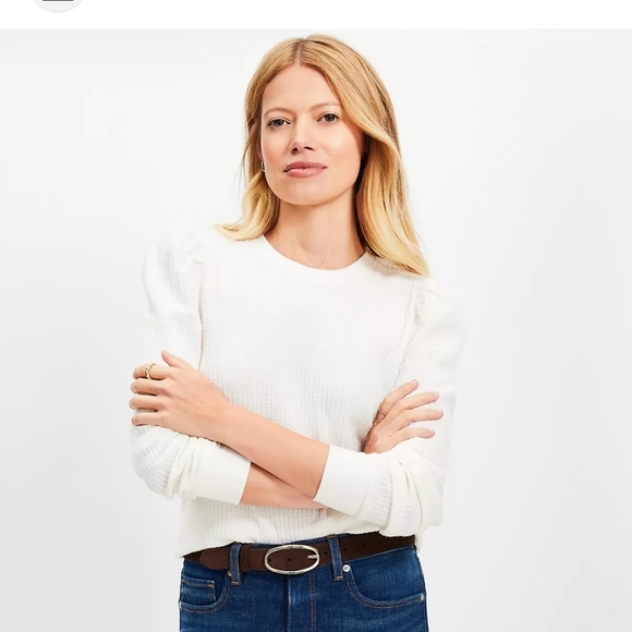 LOFT Brushed Waffle Puff Sleeve Creme Shirt, Size Small - Picture 1 of 4